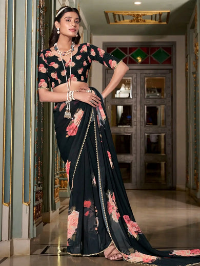 Lovely Black Floral Printed Saree With Blouse - Ethnic Plus In